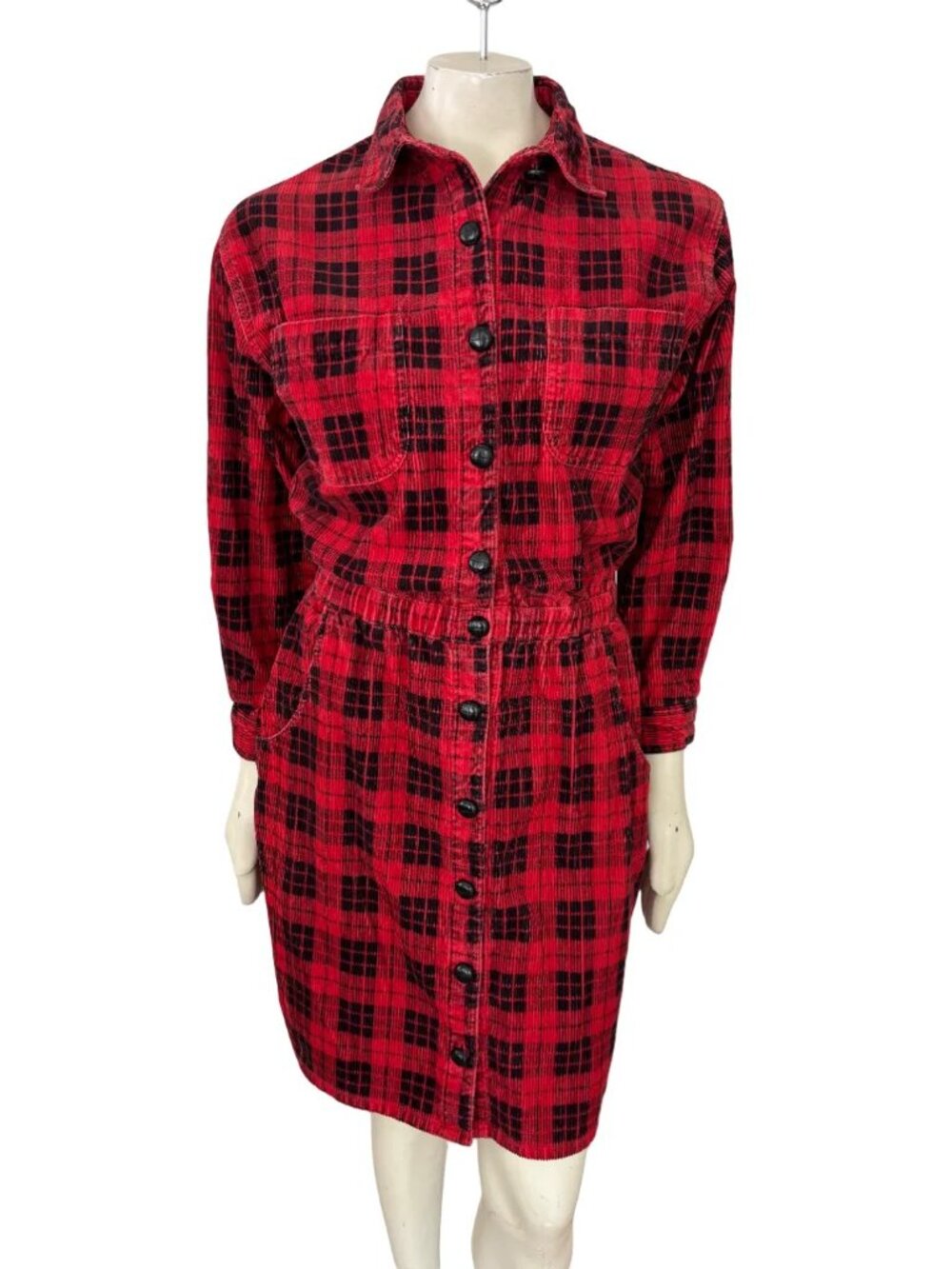VTG 90s FADS Tartan Plaid Button Front Corduroy Shirt Dress in Red & Black  SZ M
